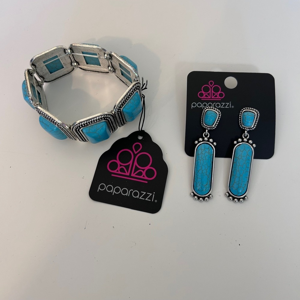 Paparazzi Turquoise Stone Stretch Bracelet & Dangle Earrings‎ Set New